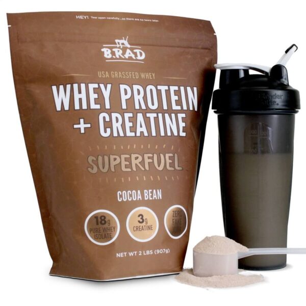 Brad's Whey Protein + Creatine in cocoa bean with scoop and shaker
